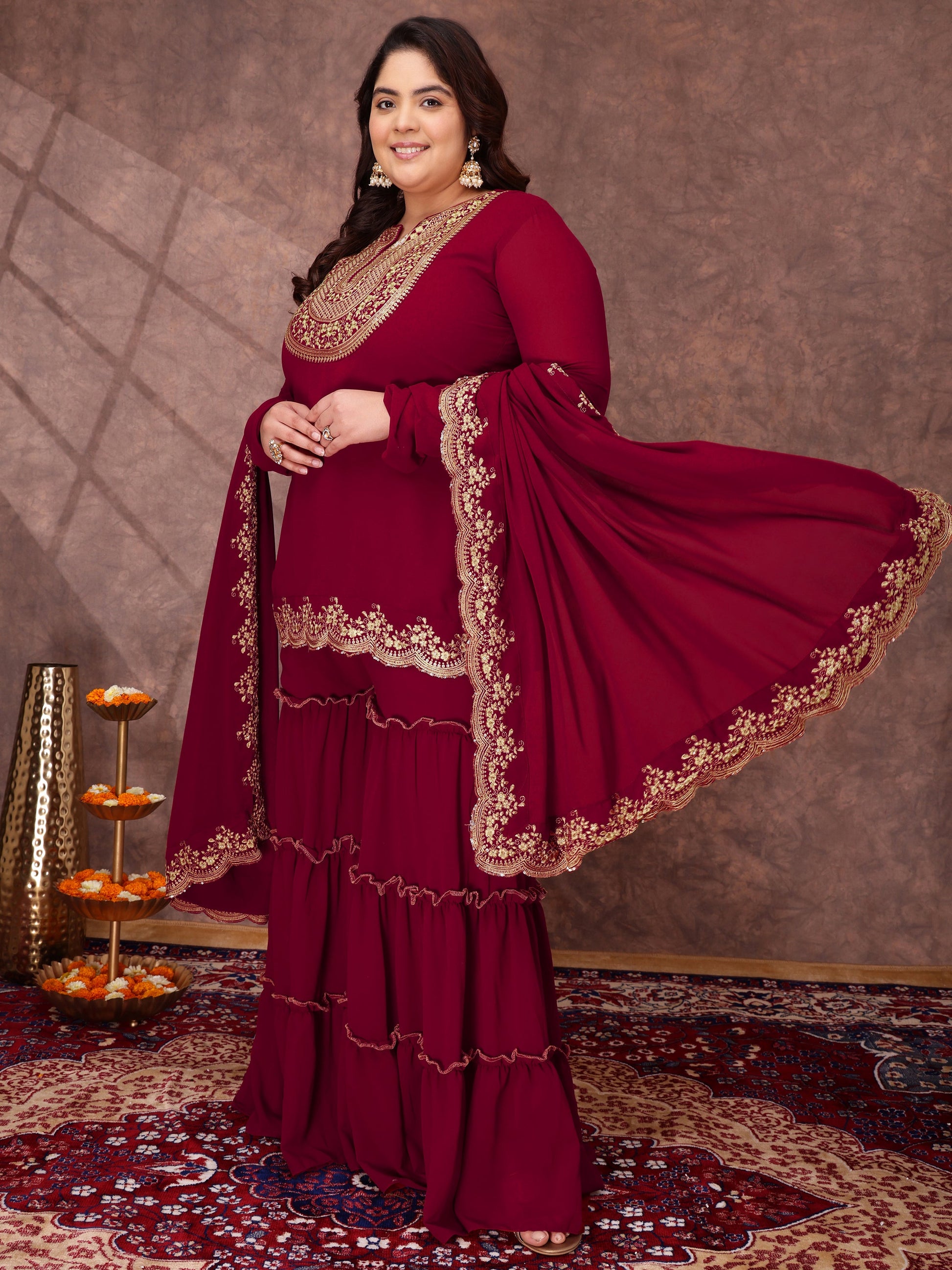 Floral Yoke Design Thread Work Georgette Straight Kurta With Sharara & Dupatta - ID