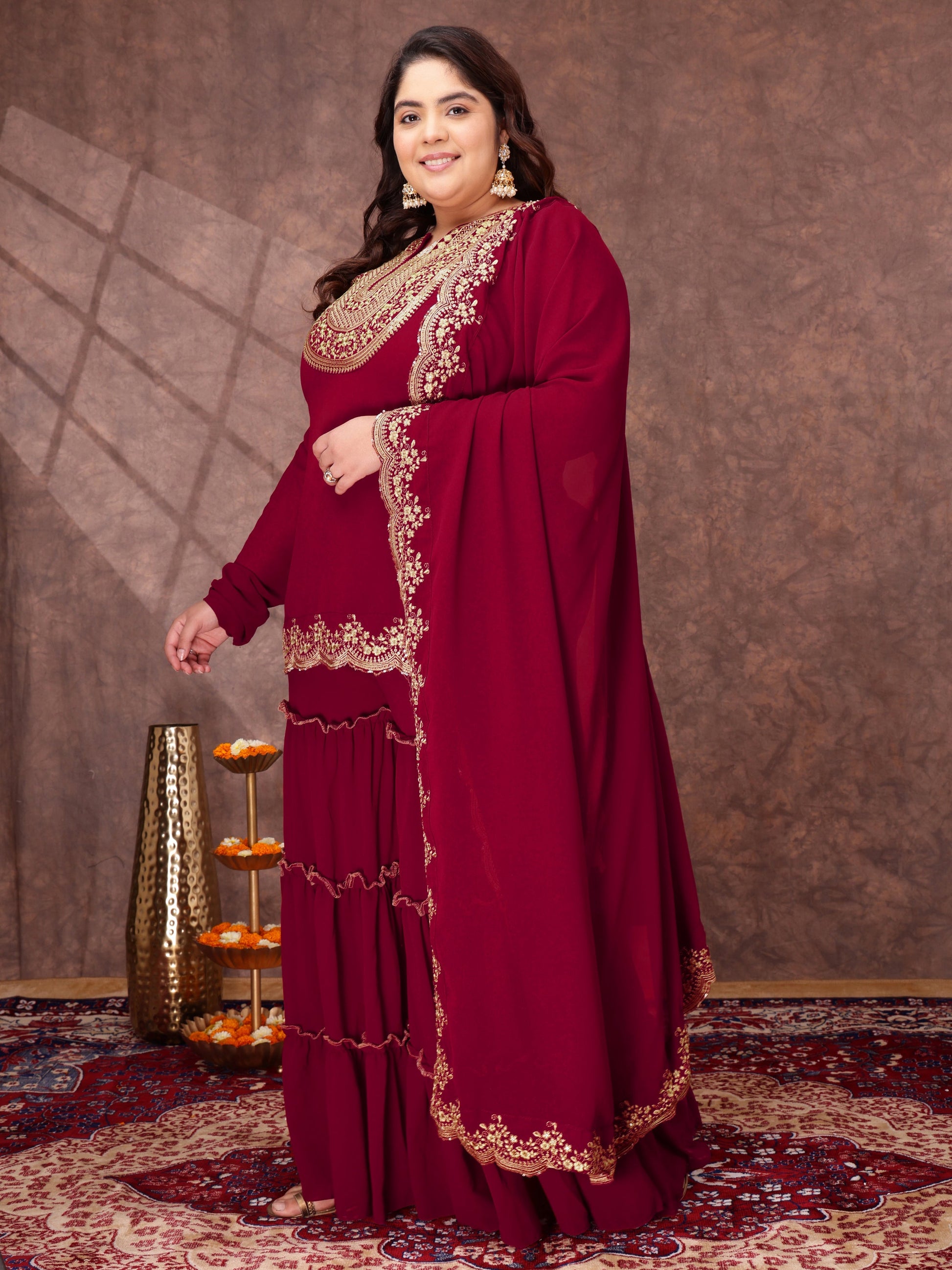 Floral Yoke Design Thread Work Georgette Straight Kurta With Sharara & Dupatta - ID