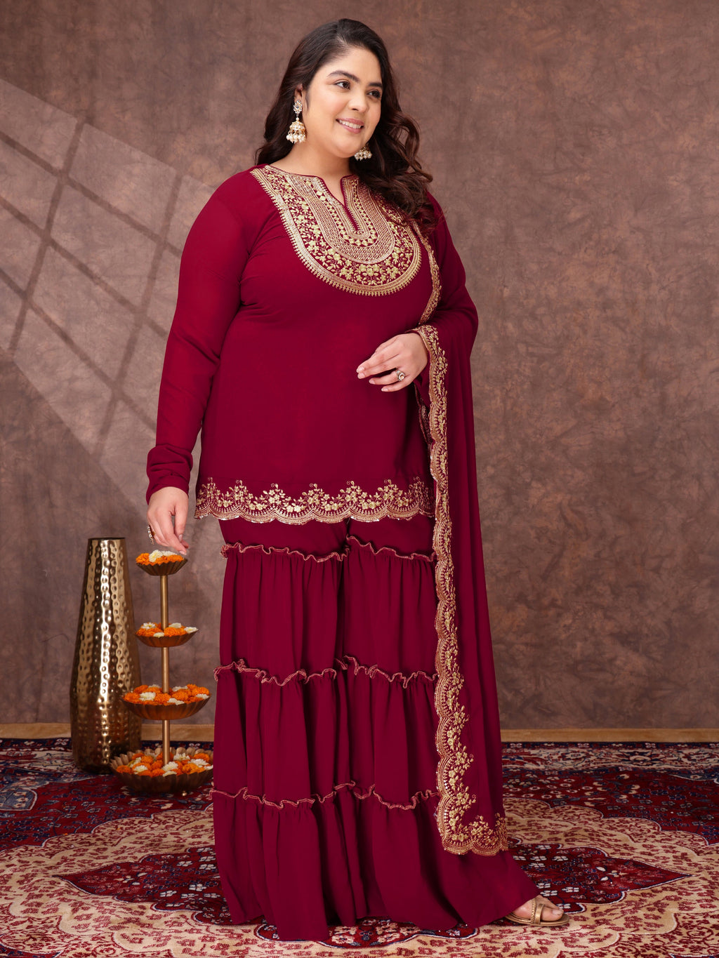 Floral Yoke Design Thread Work Georgette Straight Kurta With Sharara & Dupatta - ID