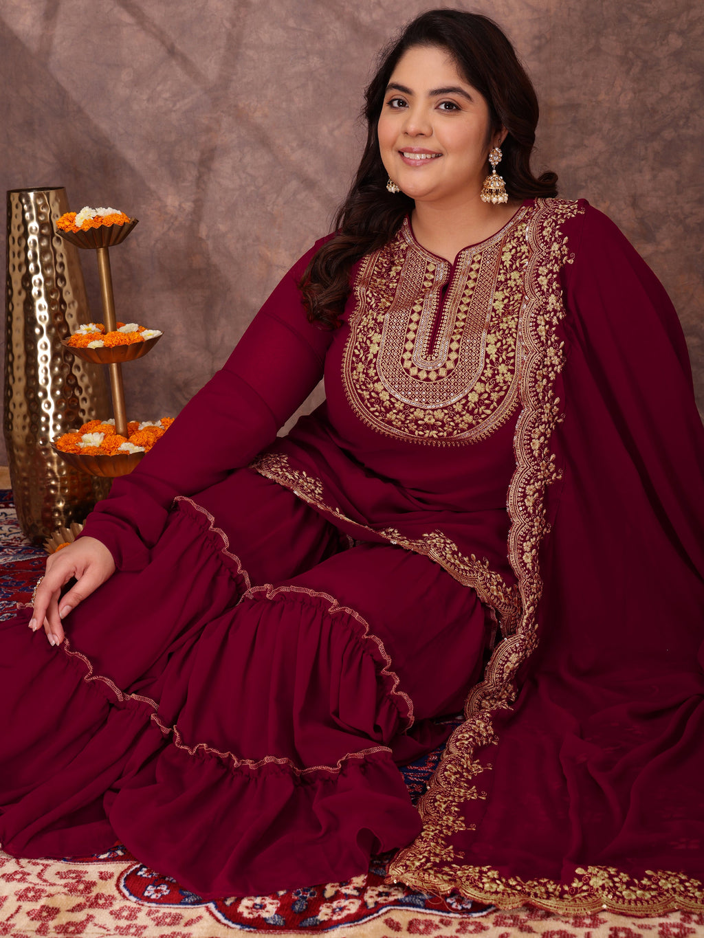 Floral Yoke Design Thread Work Georgette Straight Kurta With Sharara & Dupatta - ID