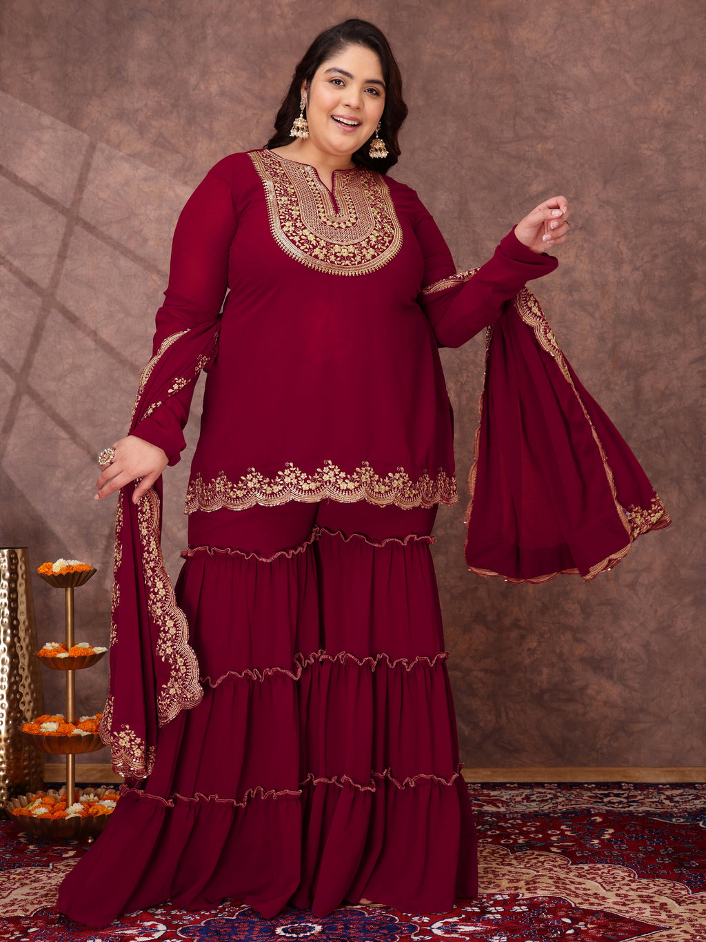 Floral Yoke Design Thread Work Georgette Straight Kurta With Sharara & Dupatta - ID
