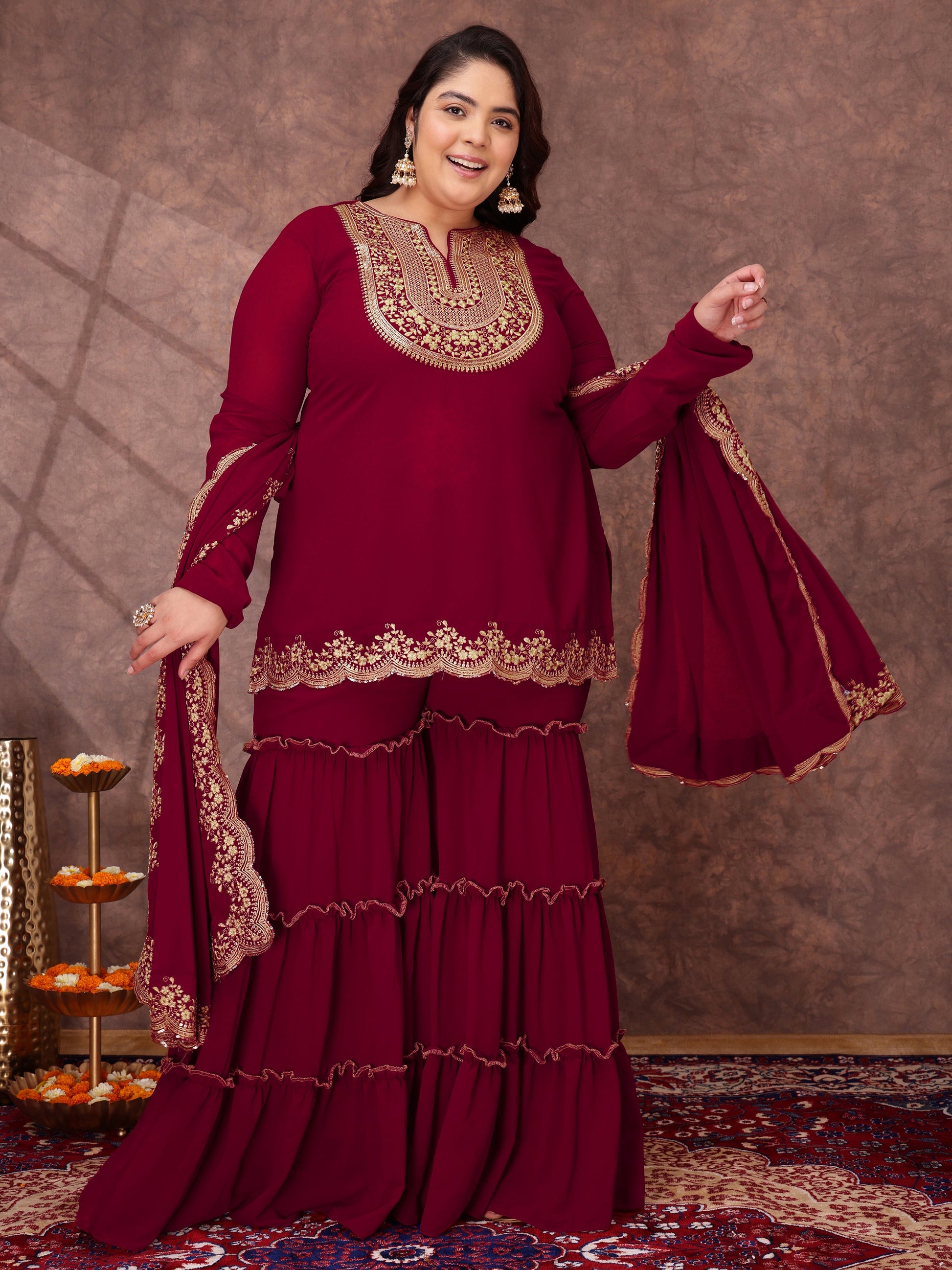Floral Yoke Design Thread Work Georgette Straight Kurta With Sharara & Dupatta - ID