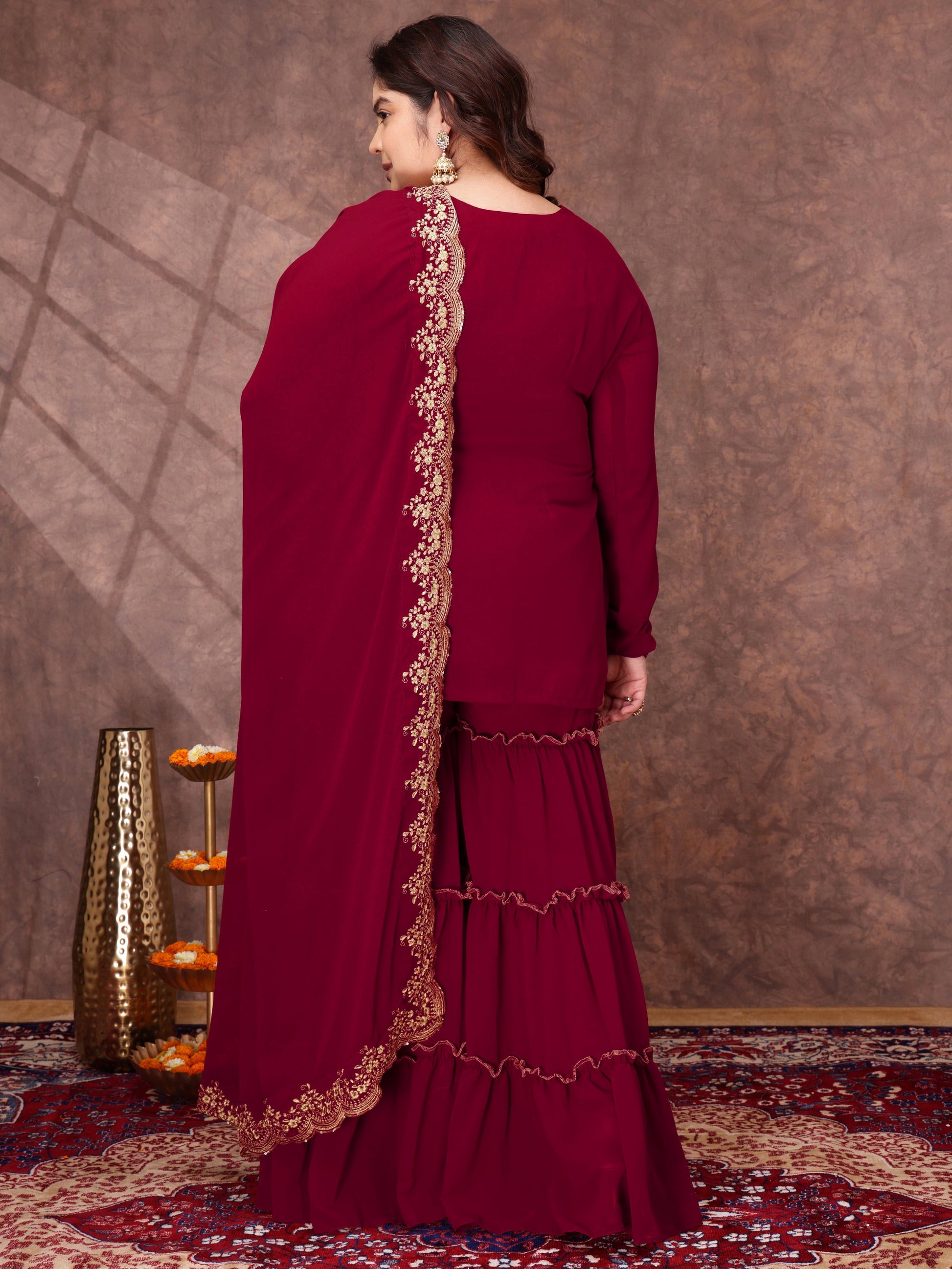 Floral Yoke Design Thread Work Georgette Straight Kurta With Sharara & Dupatta - ID