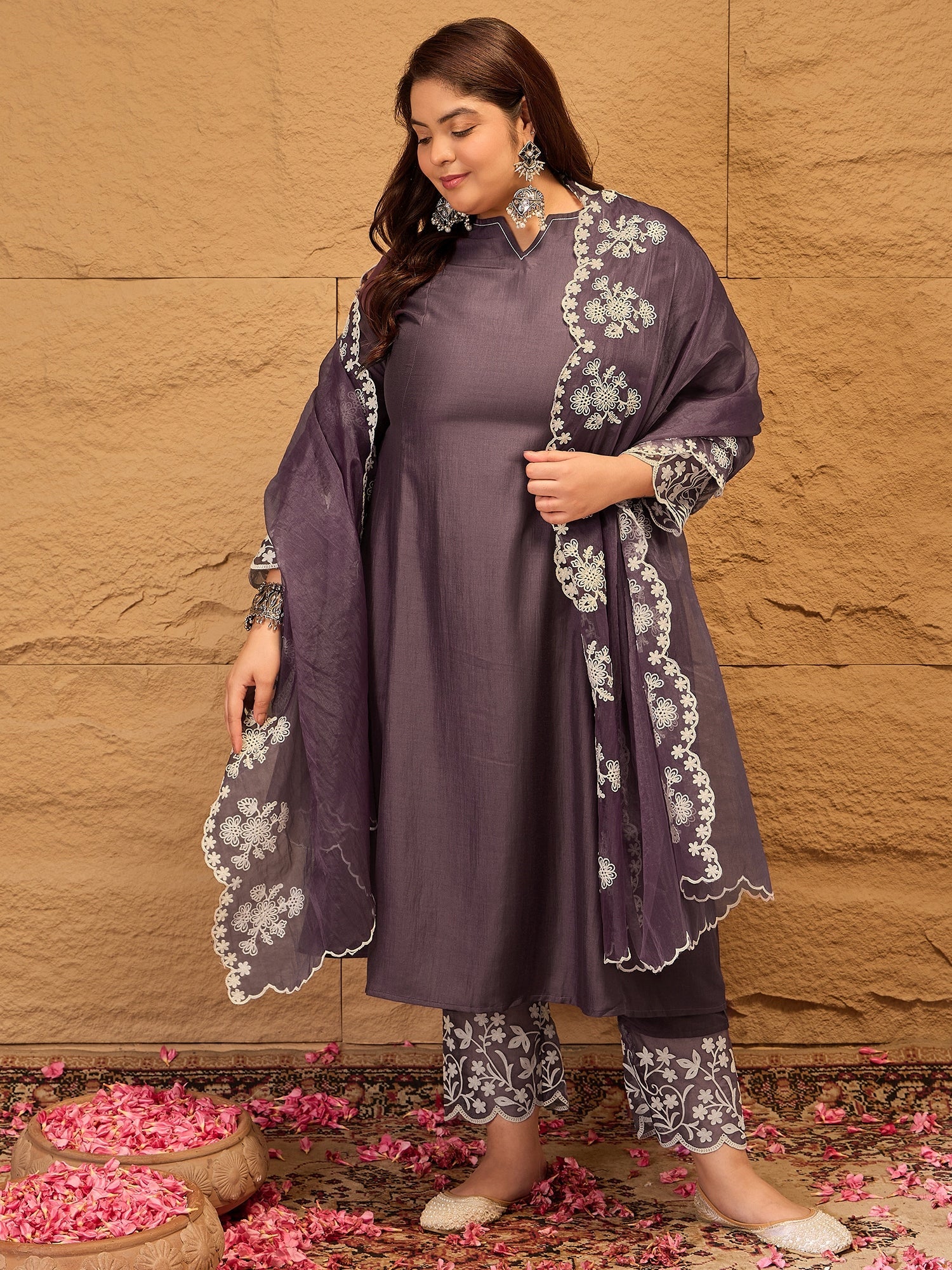 Floral Embroidered A-Line Kurta with Trousers & Dupatta - ID