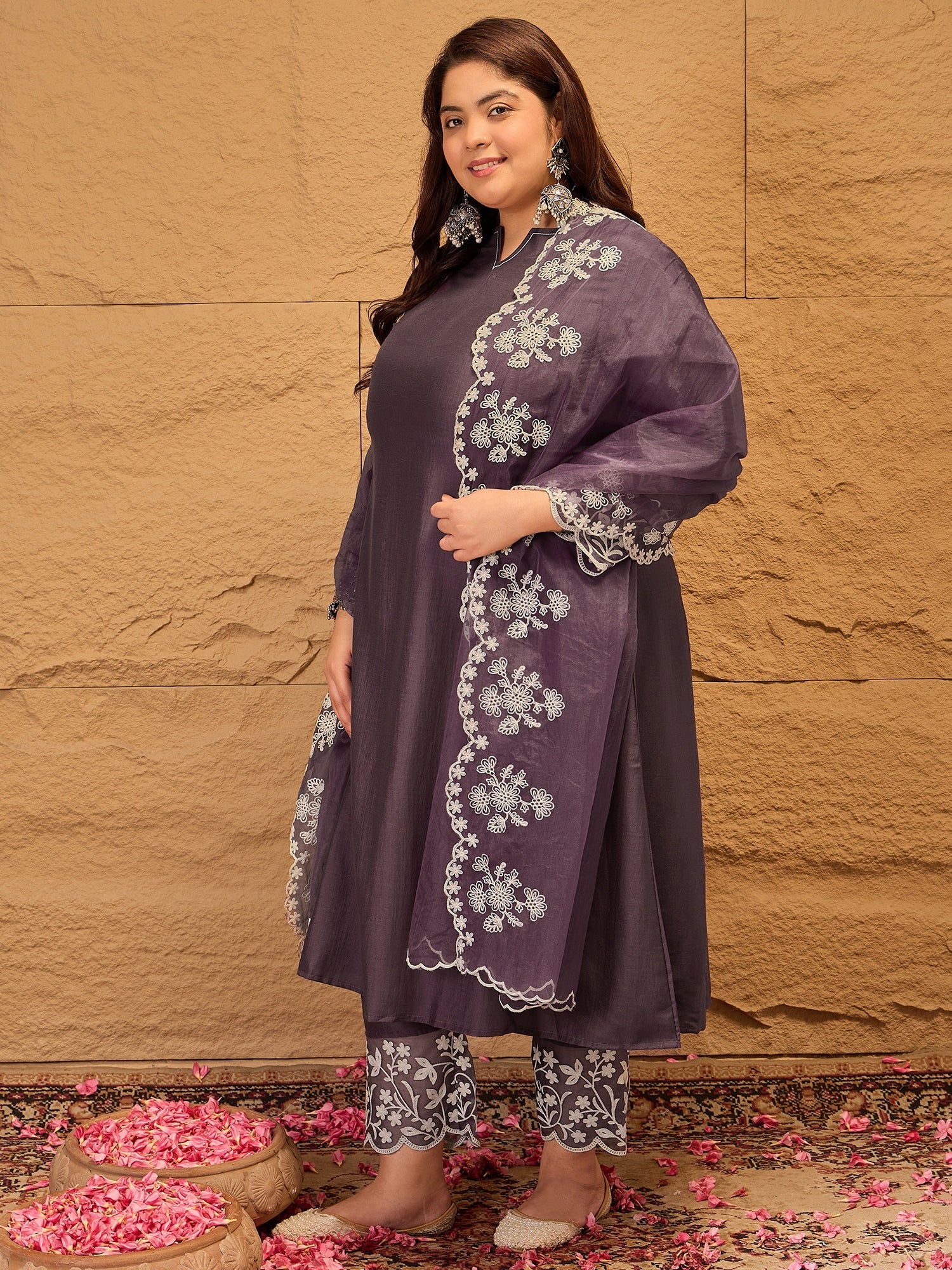 Floral Embroidered A-Line Kurta with Trousers & Dupatta - ID