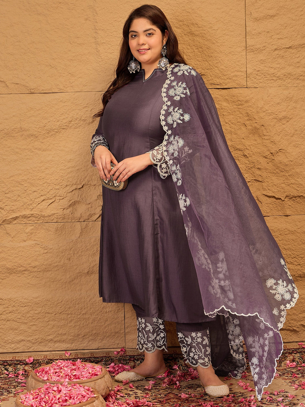 Floral Embroidered A-Line Kurta with Trousers & Dupatta - ID