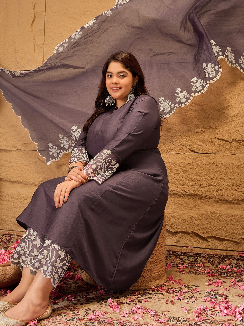 Floral Embroidered A-Line Kurta with Trousers & Dupatta - ID