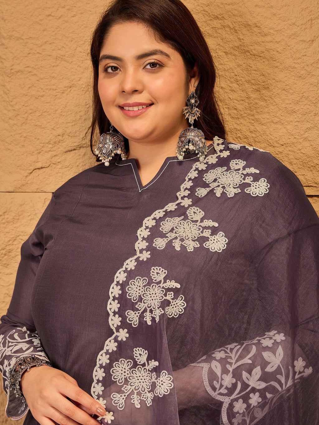 Floral Embroidered A-Line Kurta with Trousers & Dupatta - ID