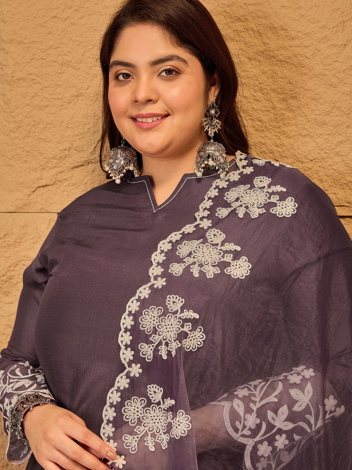 Floral Embroidered A-Line Kurta with Trousers & Dupatta - ID