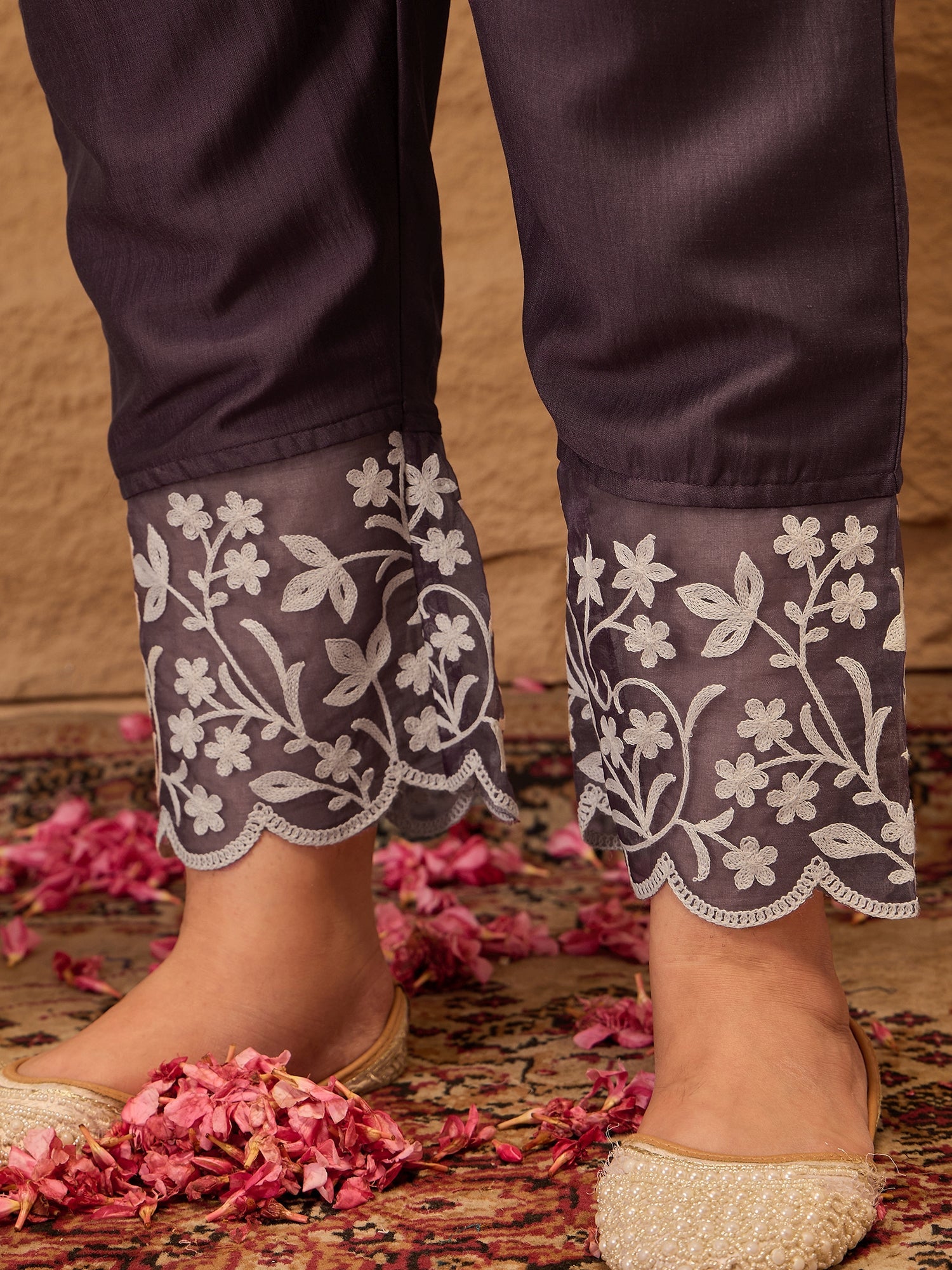 Floral Embroidered A-Line Kurta with Trousers & Dupatta - ID