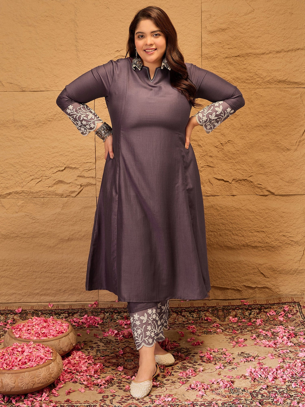 Floral Embroidered A-Line Kurta with Trousers & Dupatta - ID