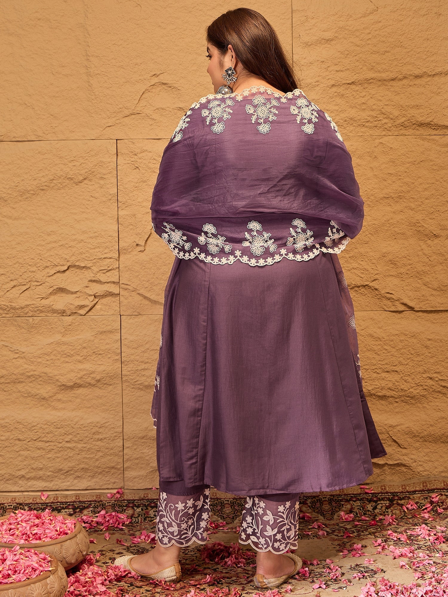 Floral Embroidered A-Line Kurta with Trousers & Dupatta - ID