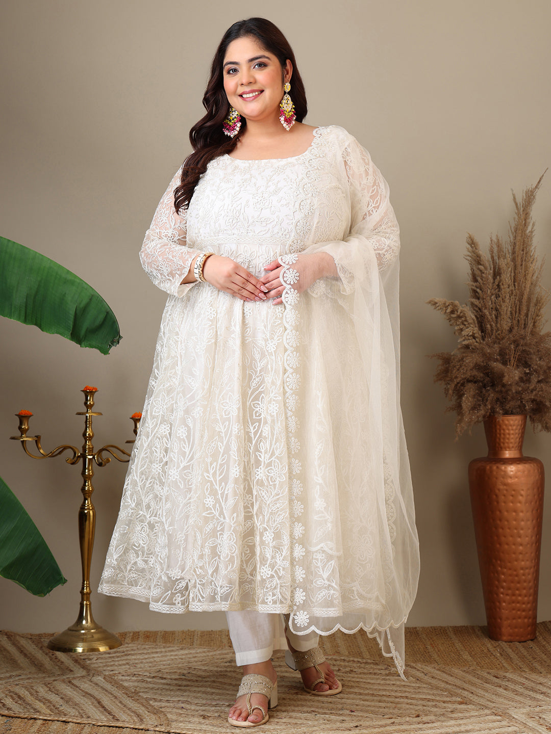 Women Floral Embroidered Empire Thread Work Kurta with Trousers & Dupatta - ID