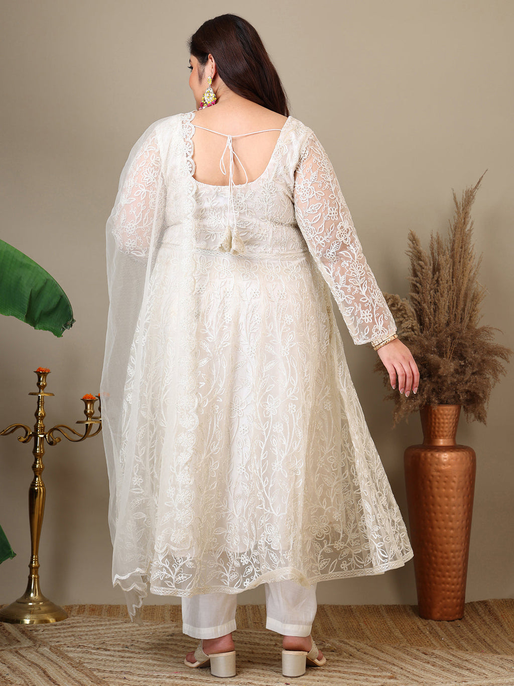 Women Floral Embroidered Empire Thread Work Kurta with Trousers & Dupatta - ID