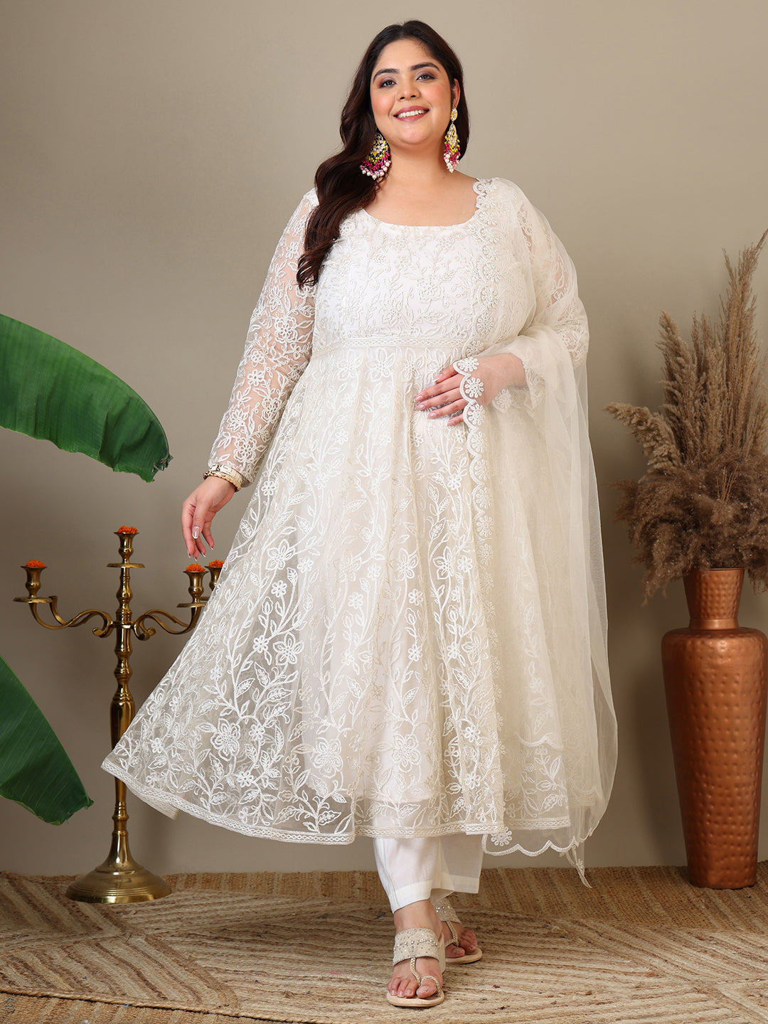 Women Floral Embroidered Empire Thread Work Kurta with Trousers & Dupatta - ID