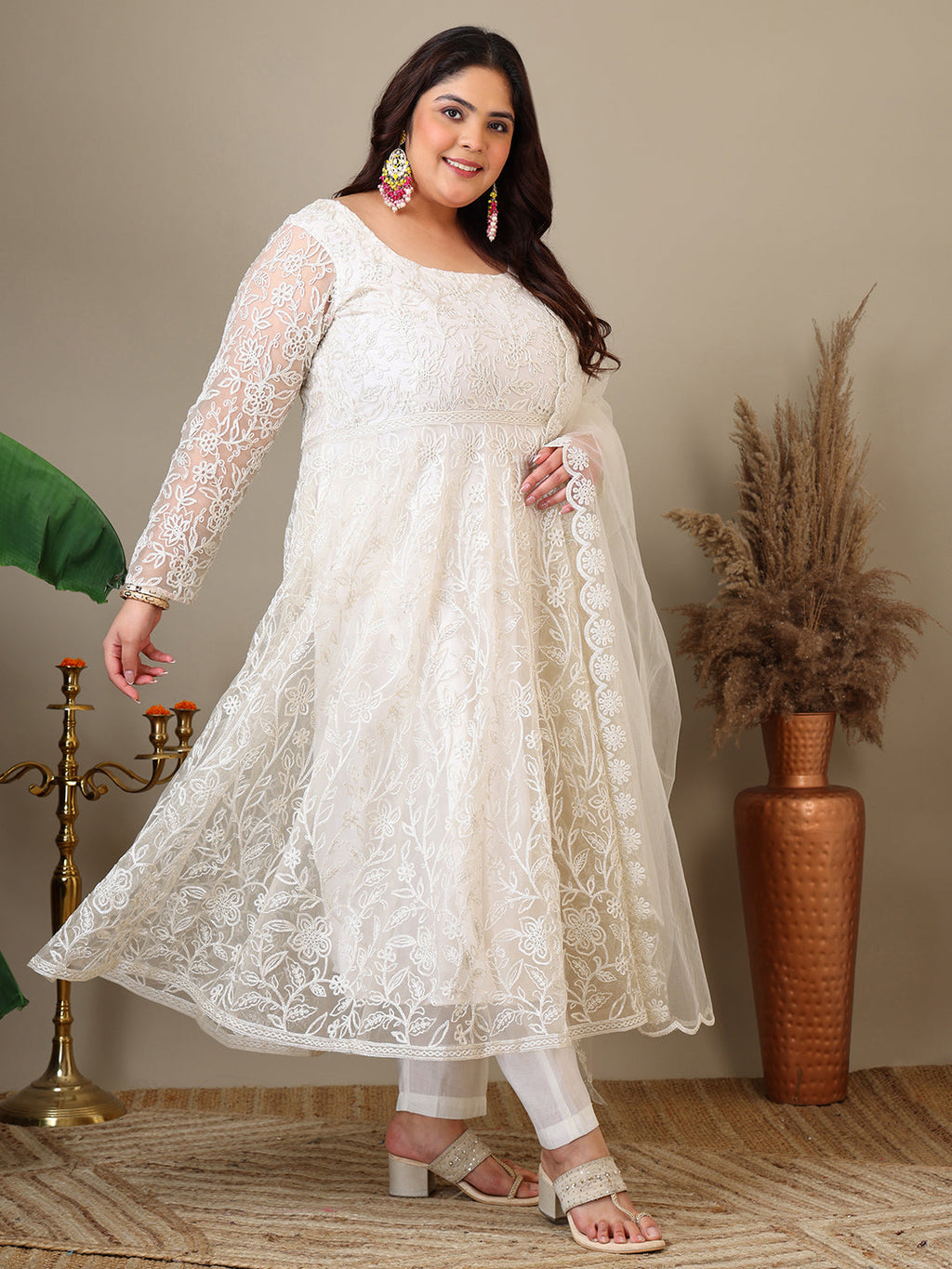 Women Floral Embroidered Empire Thread Work Kurta with Trousers & Dupatta - ID