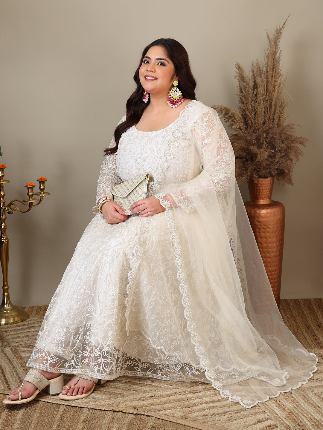 Women Floral Embroidered Empire Thread Work Kurta with Trousers & Dupatta - ID