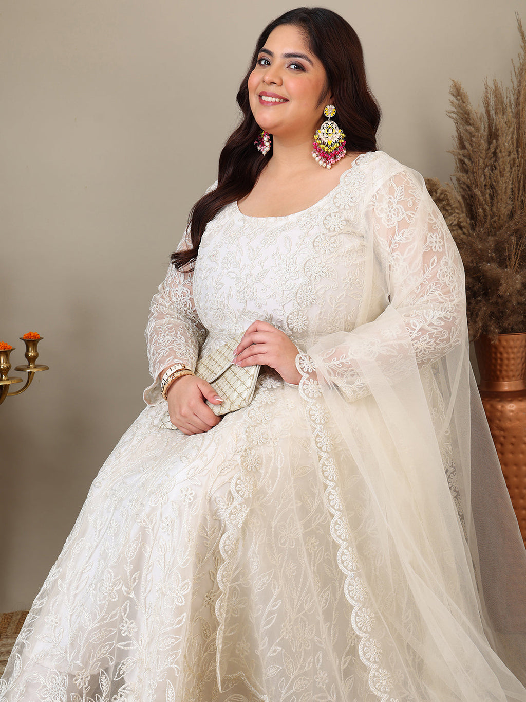 Women Floral Embroidered Empire Thread Work Kurta with Trousers & Dupatta - ID