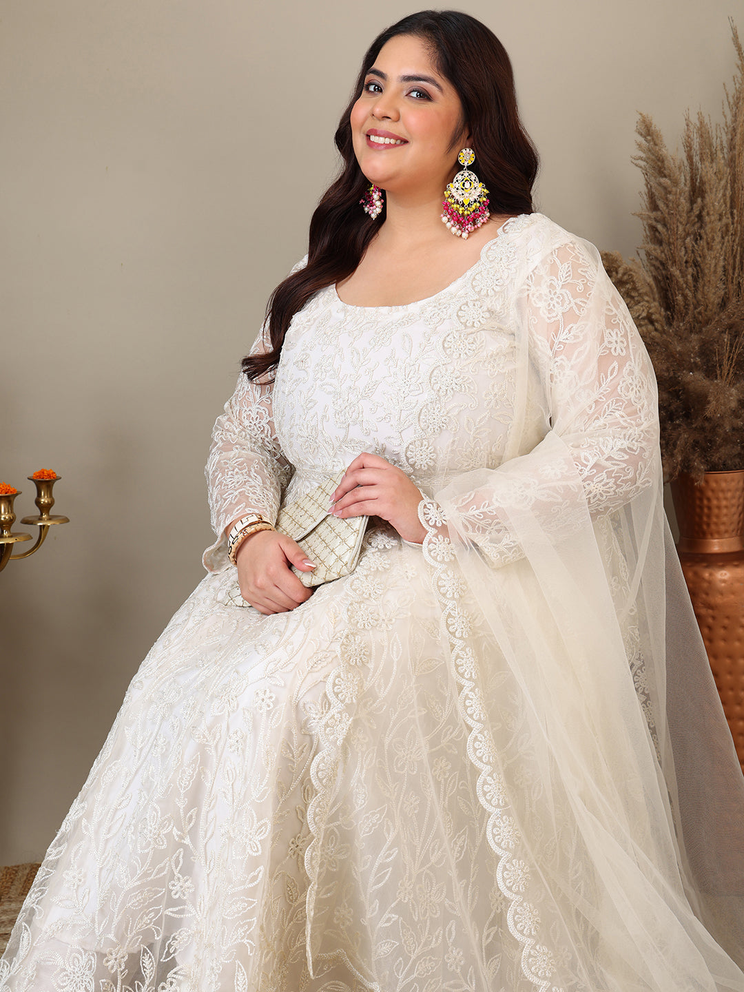 Women Floral Embroidered Empire Thread Work Kurta with Trousers & Dupatta - ID