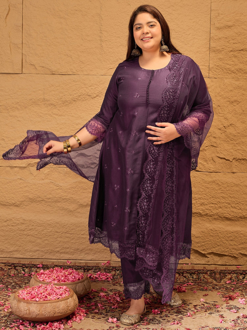 Floral Embroidered A-Line Kurta with Trousers & Dupatta - ID