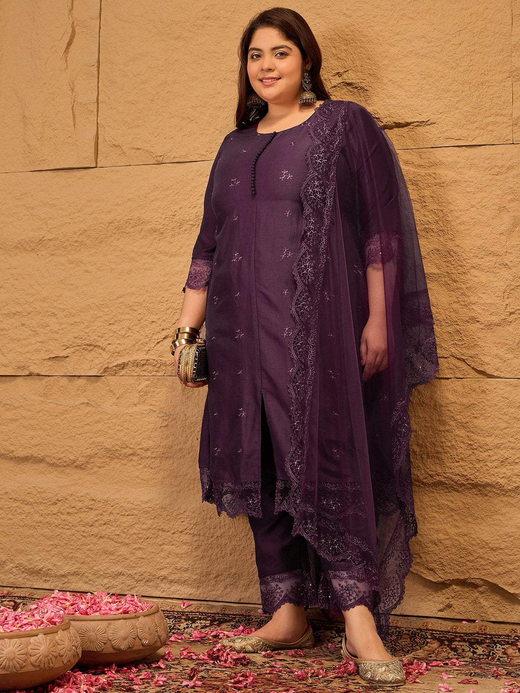 Floral Embroidered A-Line Kurta with Trousers & Dupatta - ID