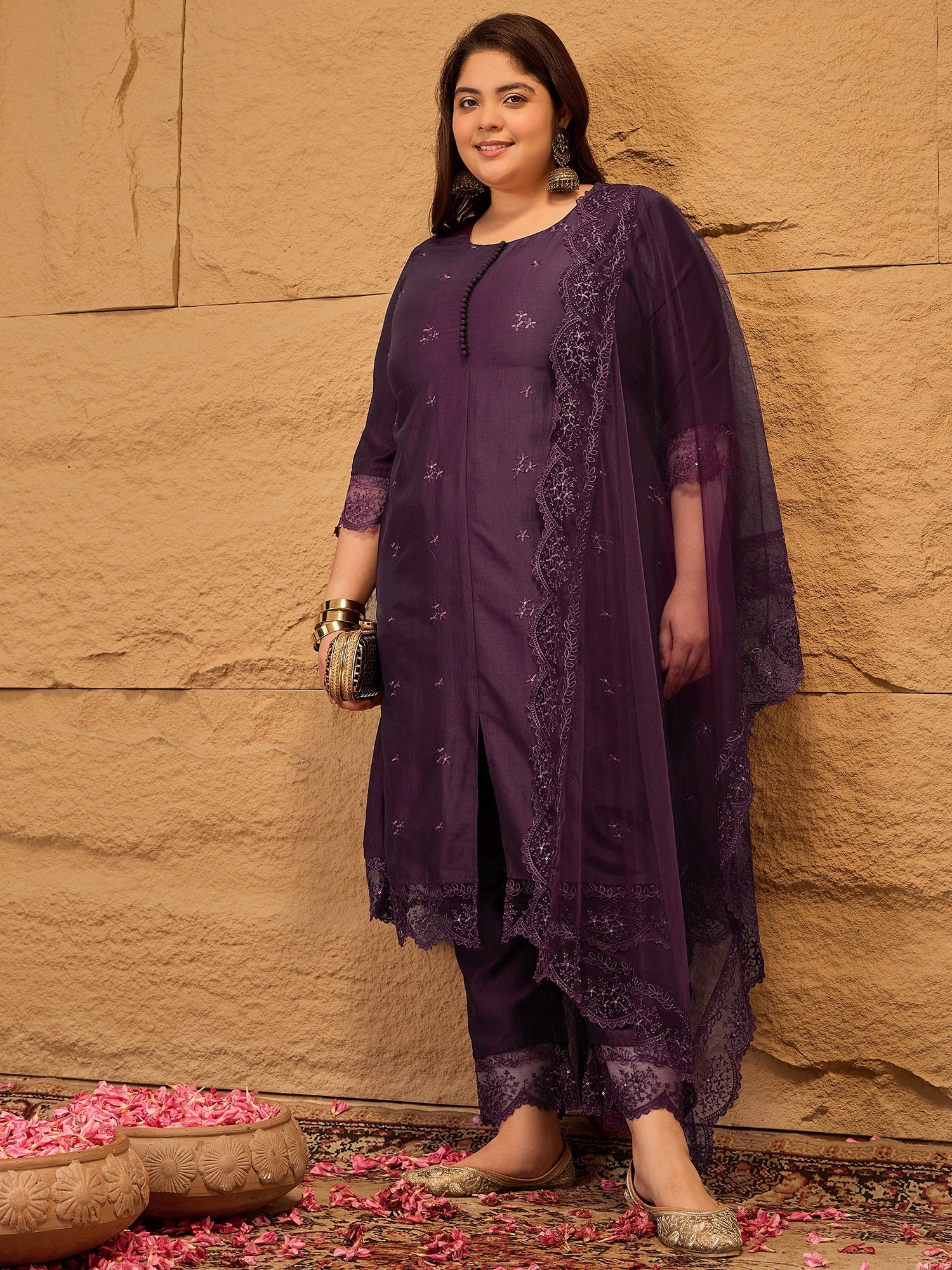 Floral Embroidered A-Line Kurta with Trousers & Dupatta - ID