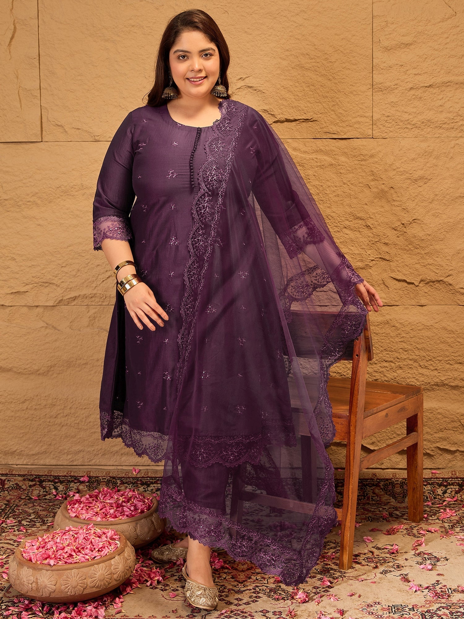 Floral Embroidered A-Line Kurta with Trousers & Dupatta - ID