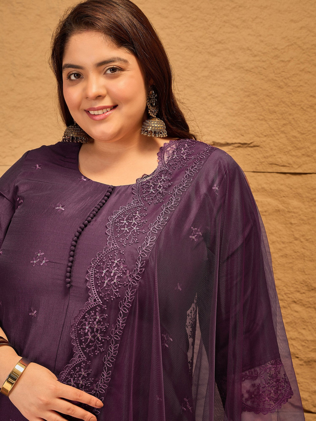 Floral Embroidered A-Line Kurta with Trousers & Dupatta - ID
