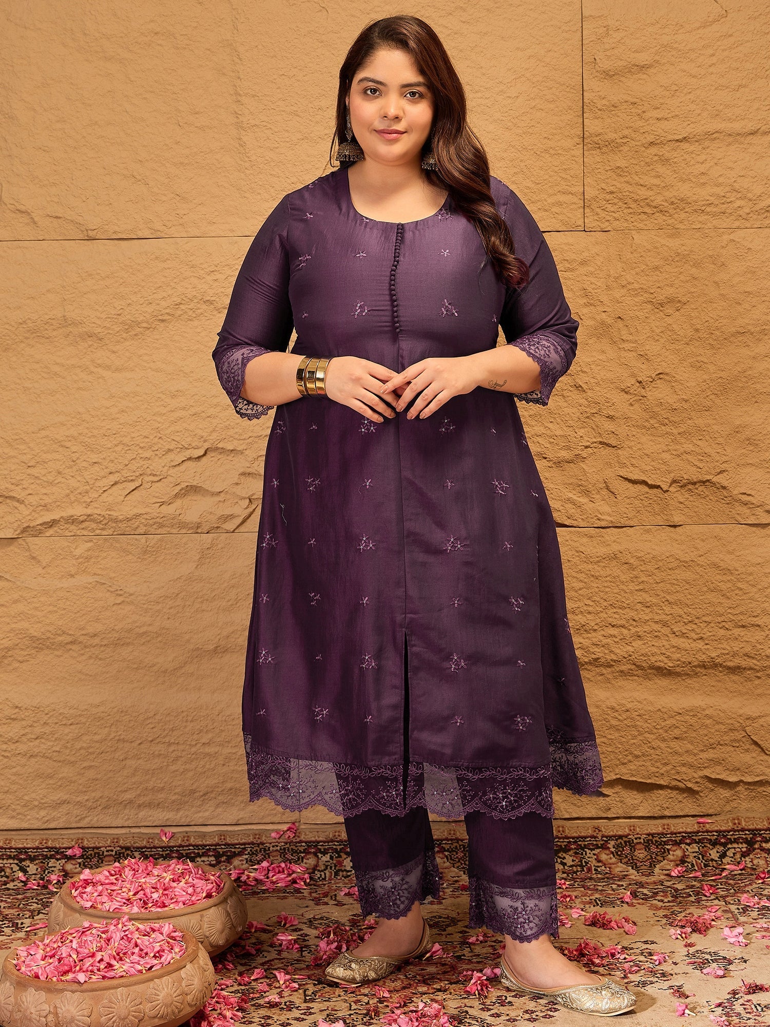 Floral Embroidered A-Line Kurta with Trousers & Dupatta - ID