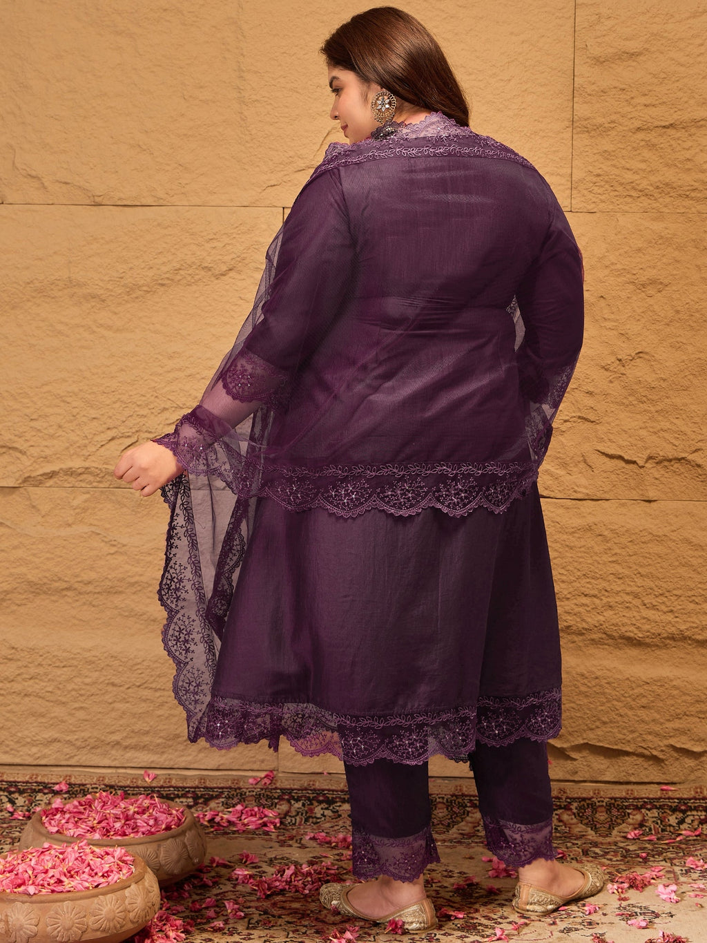 Floral Embroidered A-Line Kurta with Trousers & Dupatta - ID