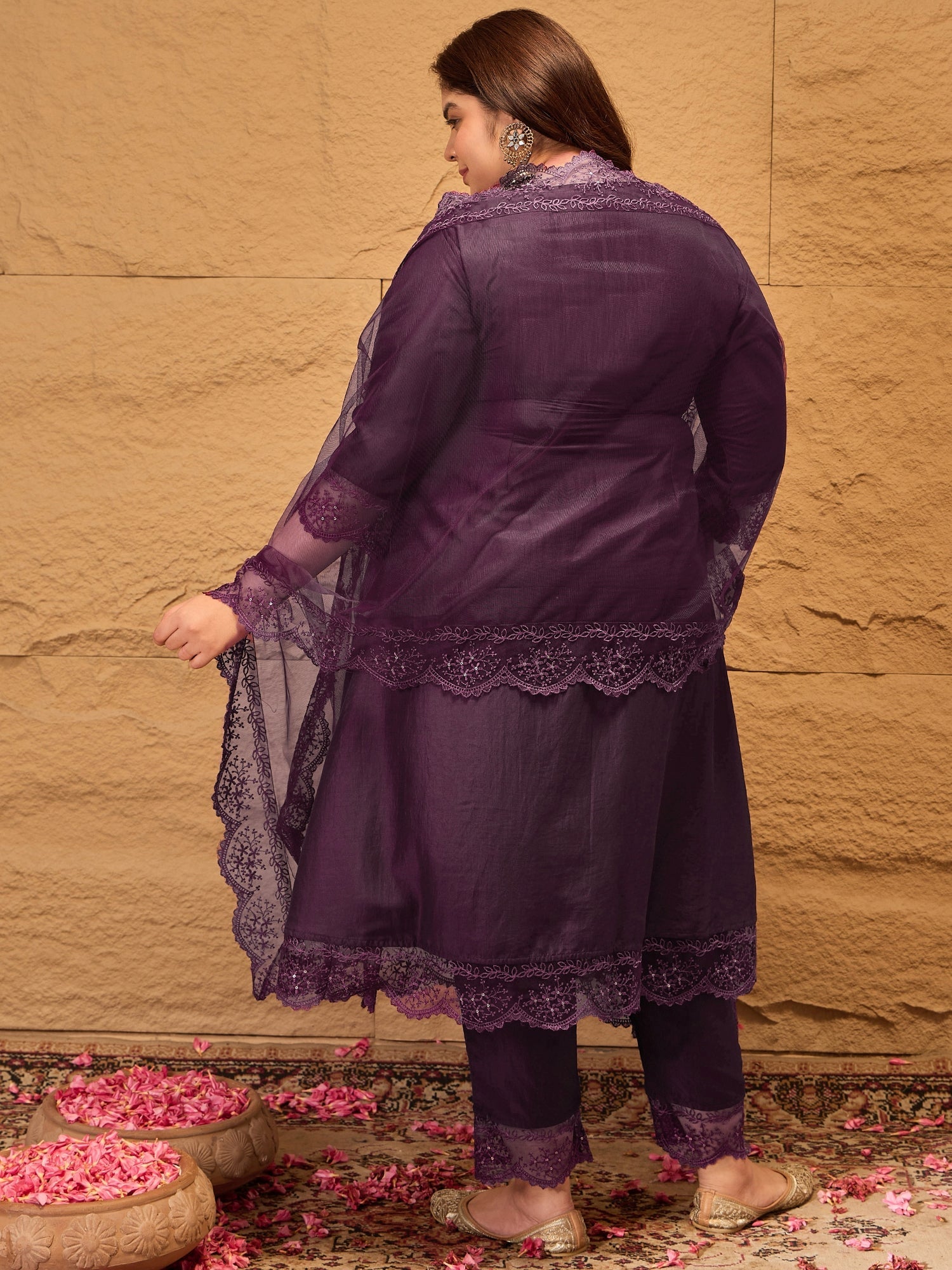 Floral Embroidered A-Line Kurta with Trousers & Dupatta - ID