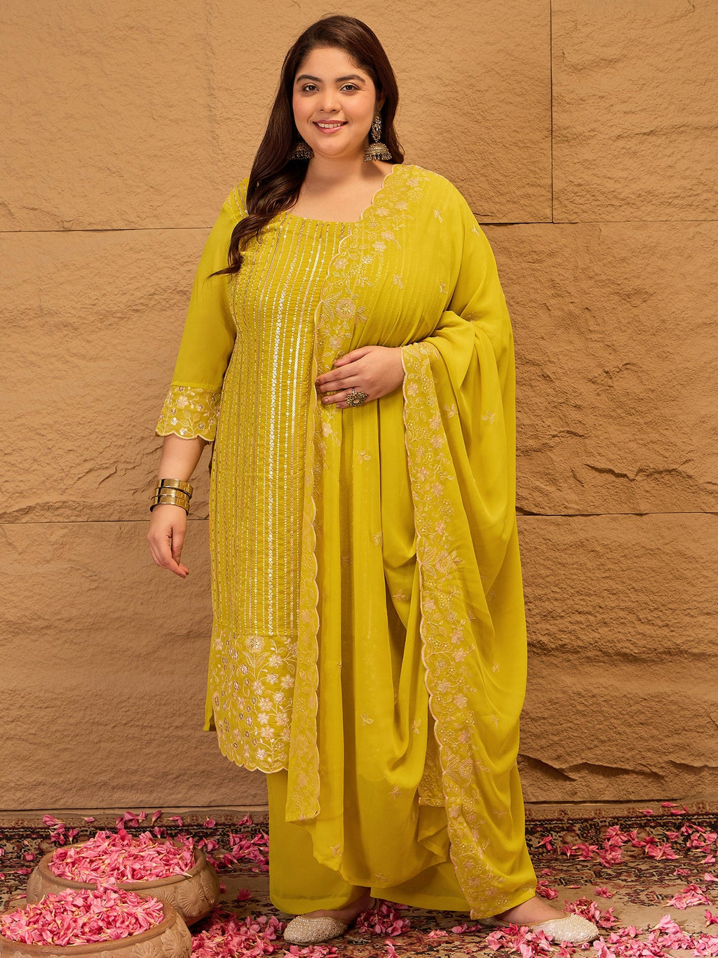 Ethnic Motifs Embroidered Georgette Kurta with Palazzos & Dupatta - ID