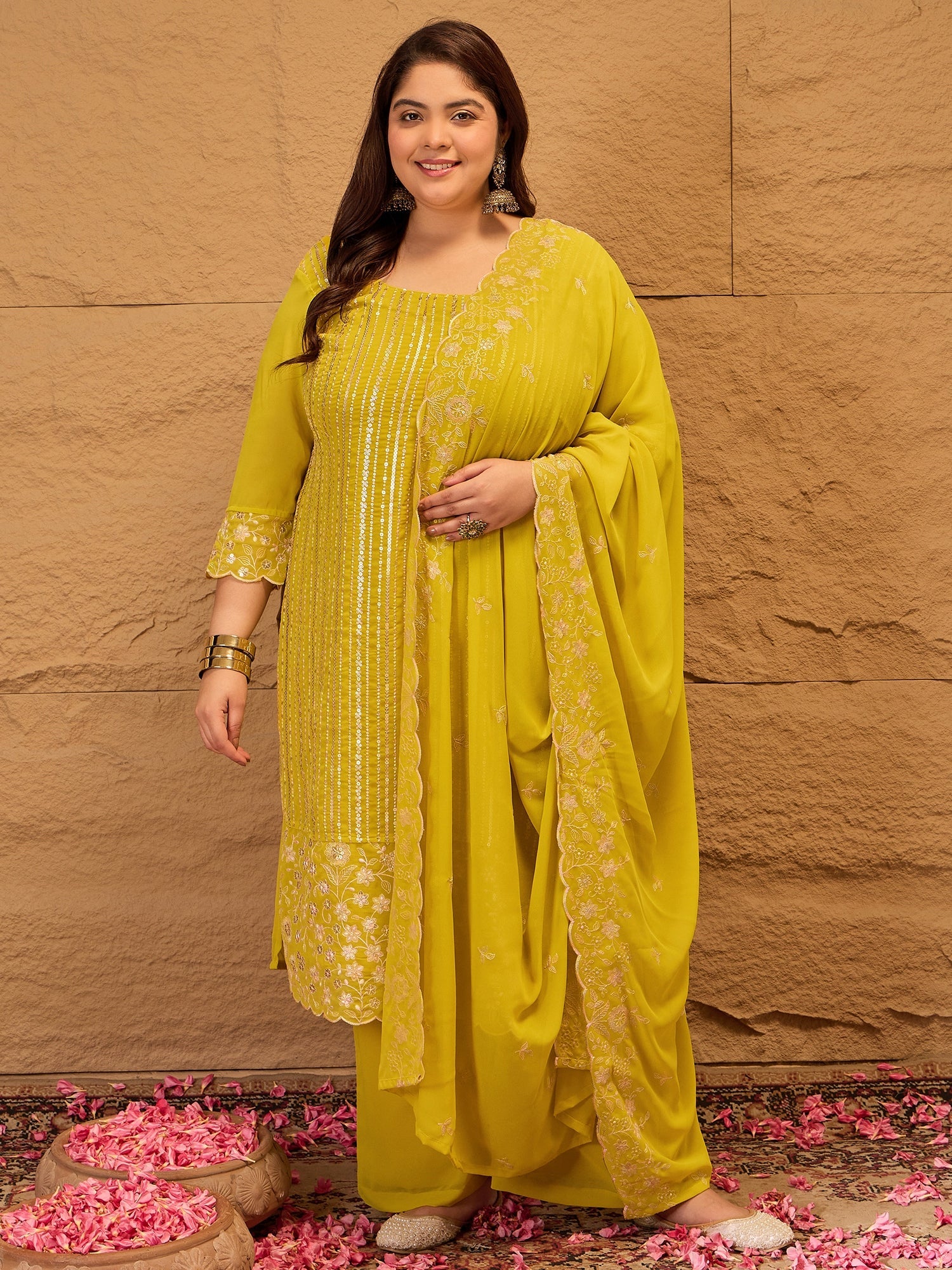 Ethnic Motifs Embroidered Georgette Kurta with Palazzos & Dupatta - ID