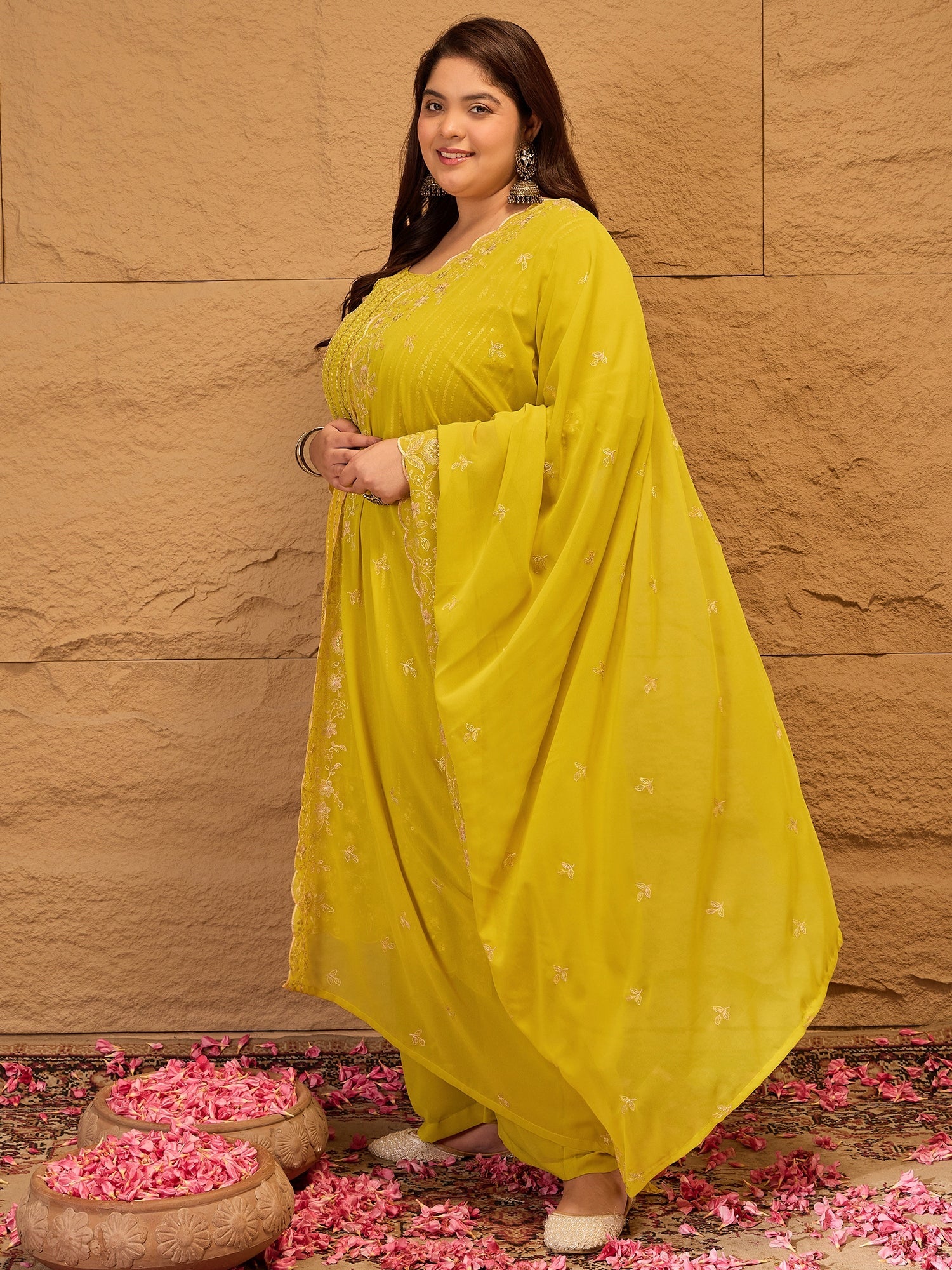 Ethnic Motifs Embroidered Georgette Kurta with Palazzos & Dupatta - ID