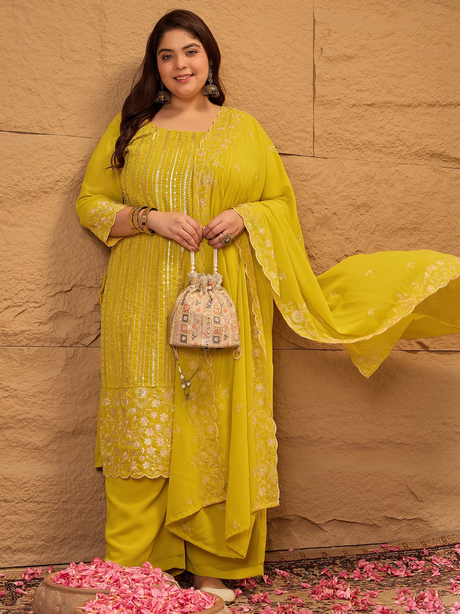 Ethnic Motifs Embroidered Georgette Kurta with Palazzos & Dupatta - ID