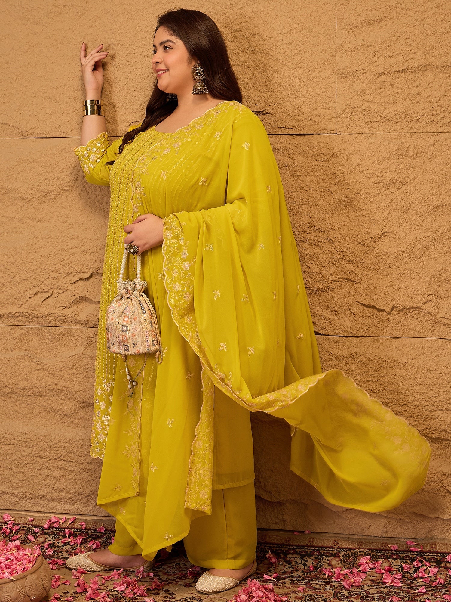 Ethnic Motifs Embroidered Georgette Kurta with Palazzos & Dupatta - ID