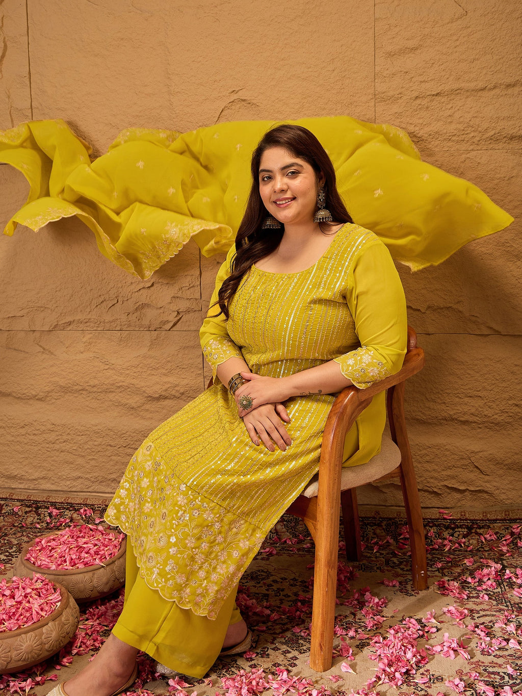 Ethnic Motifs Embroidered Georgette Kurta with Palazzos & Dupatta - ID