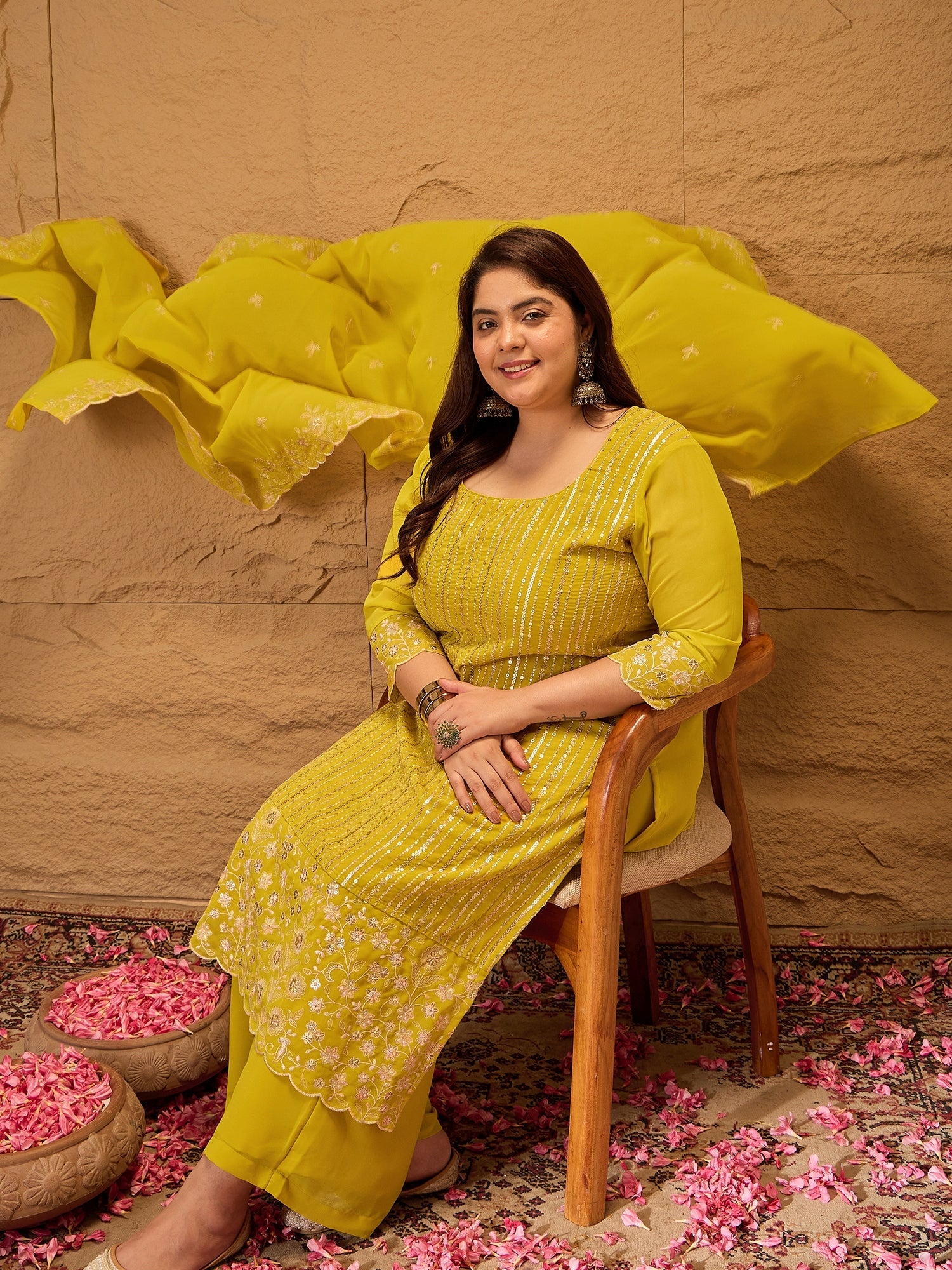 Ethnic Motifs Embroidered Georgette Kurta with Palazzos & Dupatta - ID