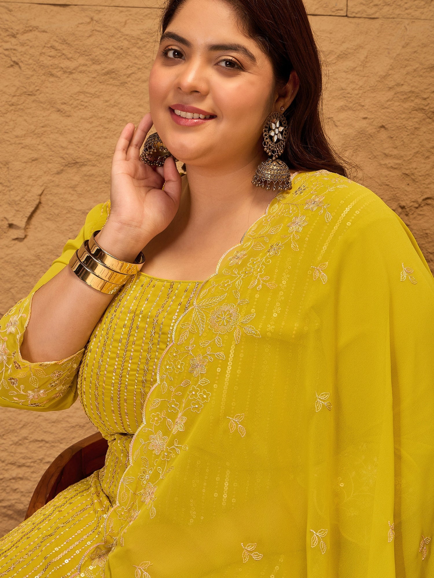 Ethnic Motifs Embroidered Georgette Kurta with Palazzos & Dupatta - ID