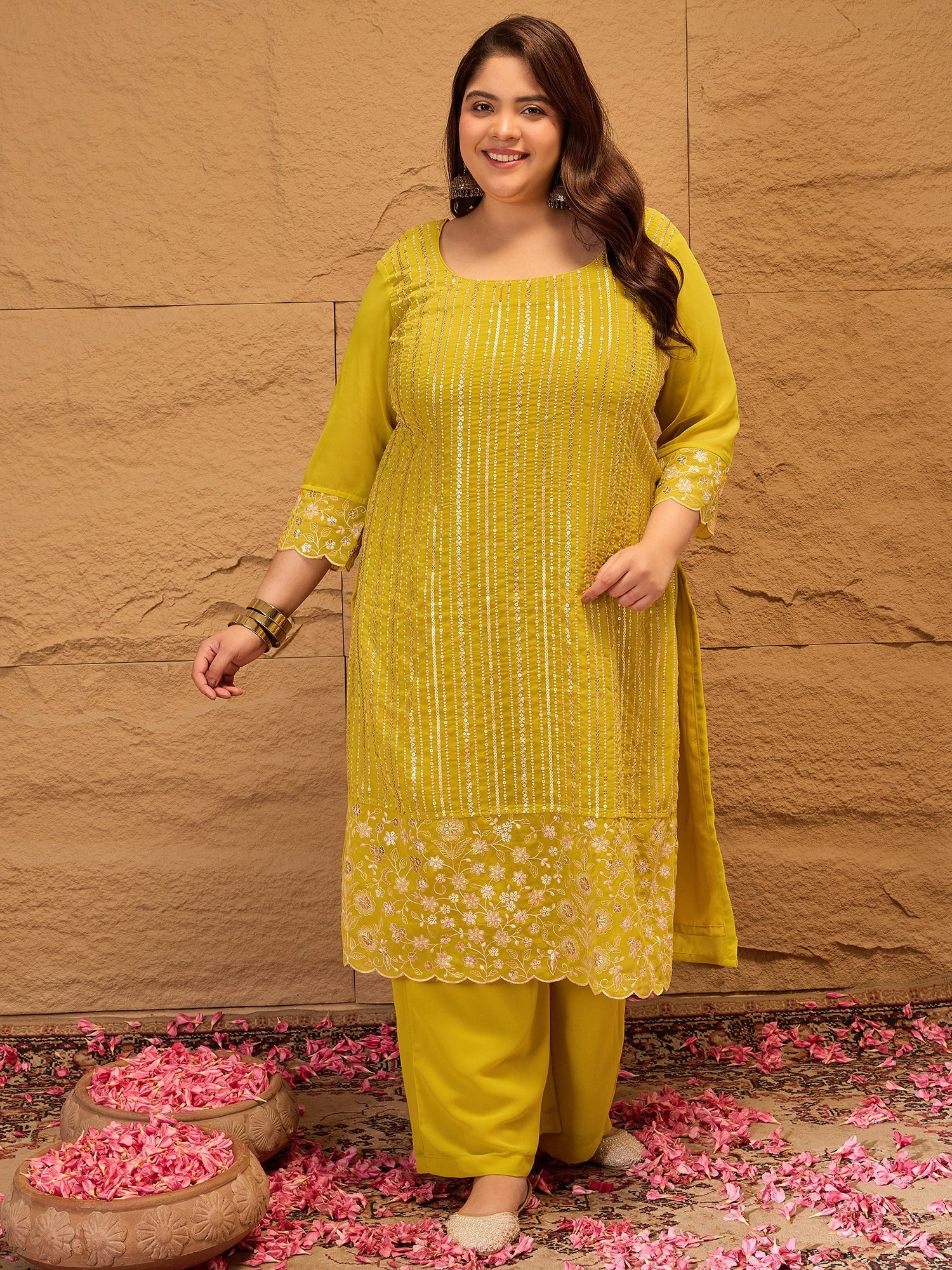 Ethnic Motifs Embroidered Georgette Kurta with Palazzos & Dupatta - ID