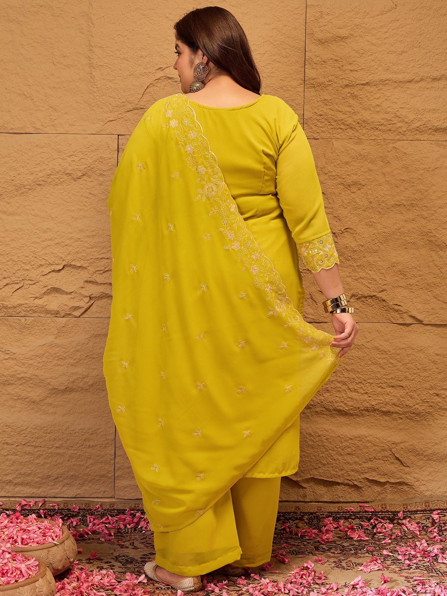 Ethnic Motifs Embroidered Georgette Kurta with Palazzos & Dupatta - ID