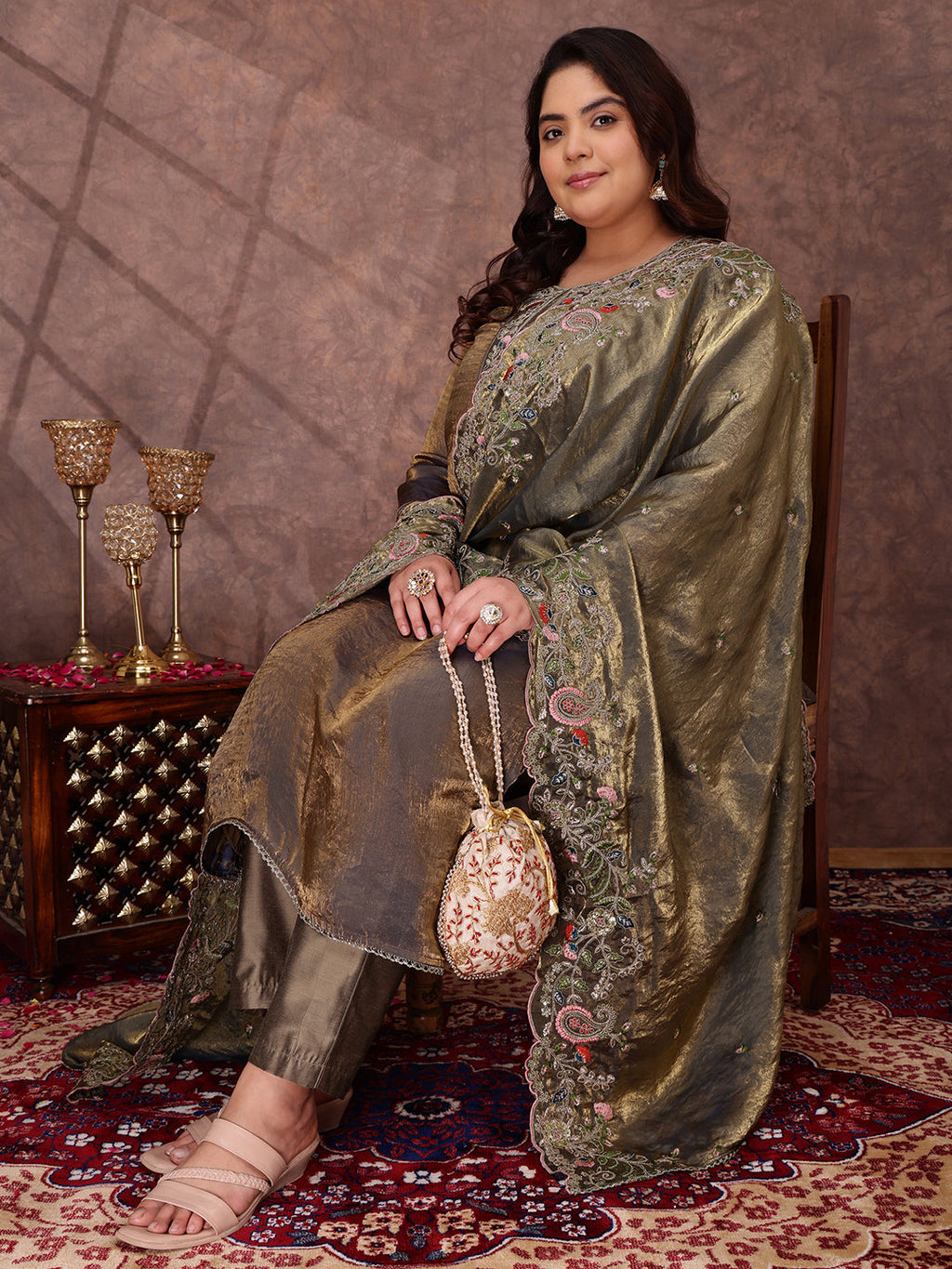 Women Floral Embroidered Regular Kurta with Trousers & With Dupatta - ID