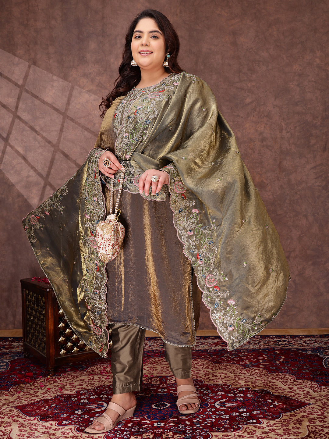 Women Floral Embroidered Regular Kurta with Trousers & With Dupatta - ID