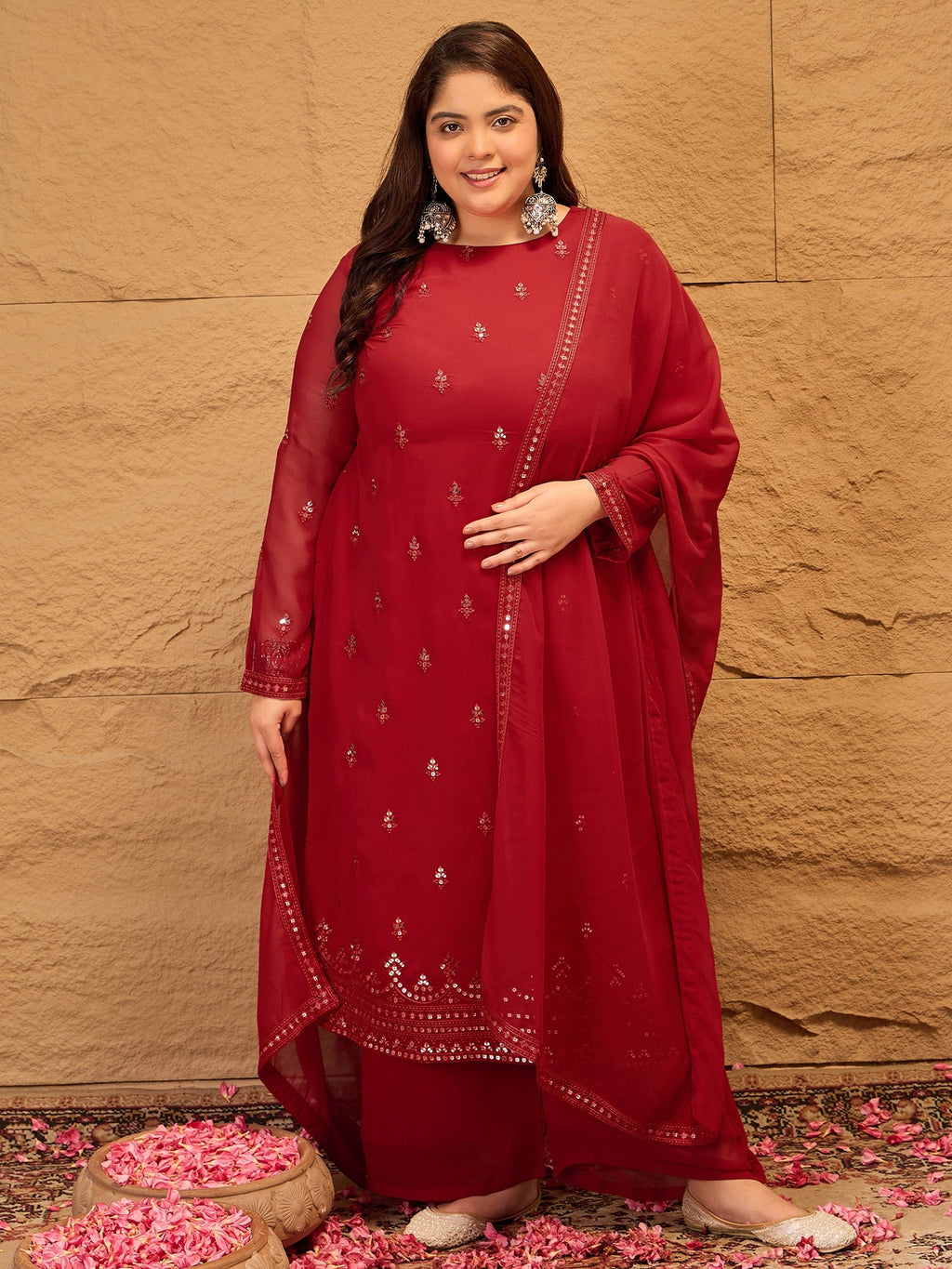 Ethnic Motifs Embroidered Sequinned Georgette Kurta with Trousers & Dupatta - ID