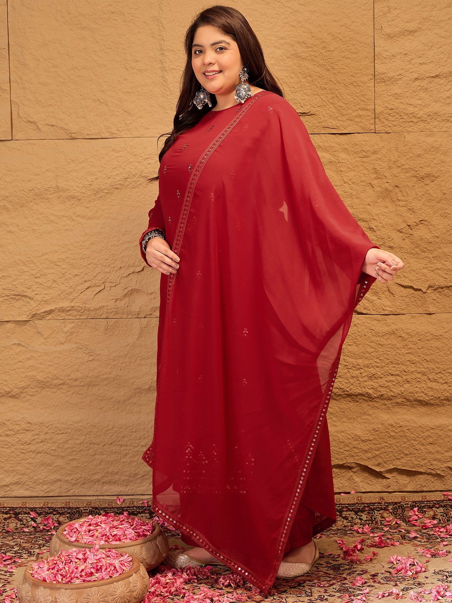 Ethnic Motifs Embroidered Sequinned Georgette Kurta with Trousers & Dupatta - ID