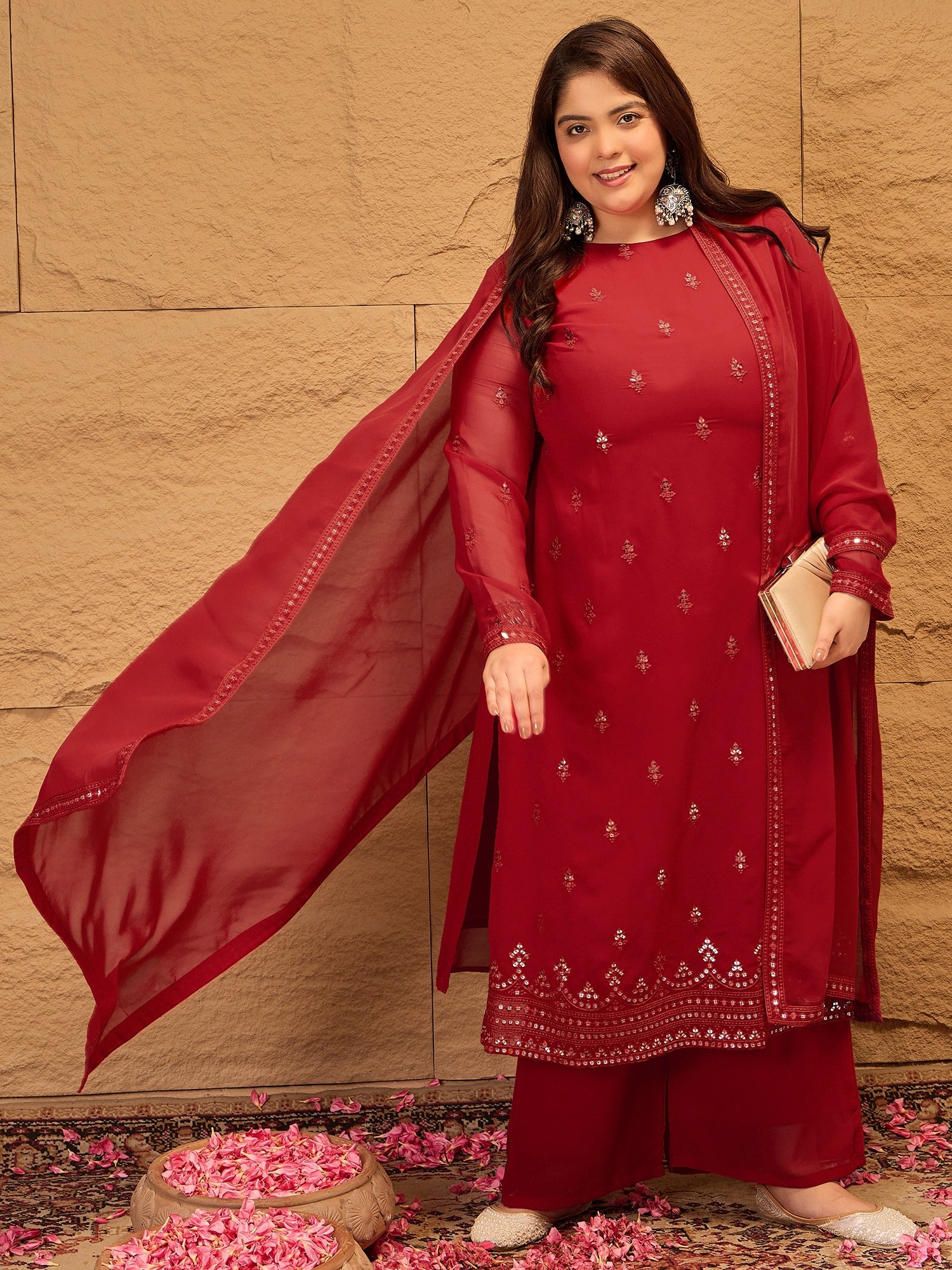 Ethnic Motifs Embroidered Sequinned Georgette Kurta with Trousers & Dupatta - ID