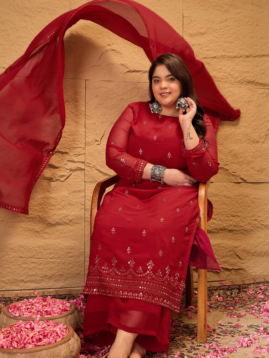 Ethnic Motifs Embroidered Sequinned Georgette Kurta with Trousers & Dupatta - ID