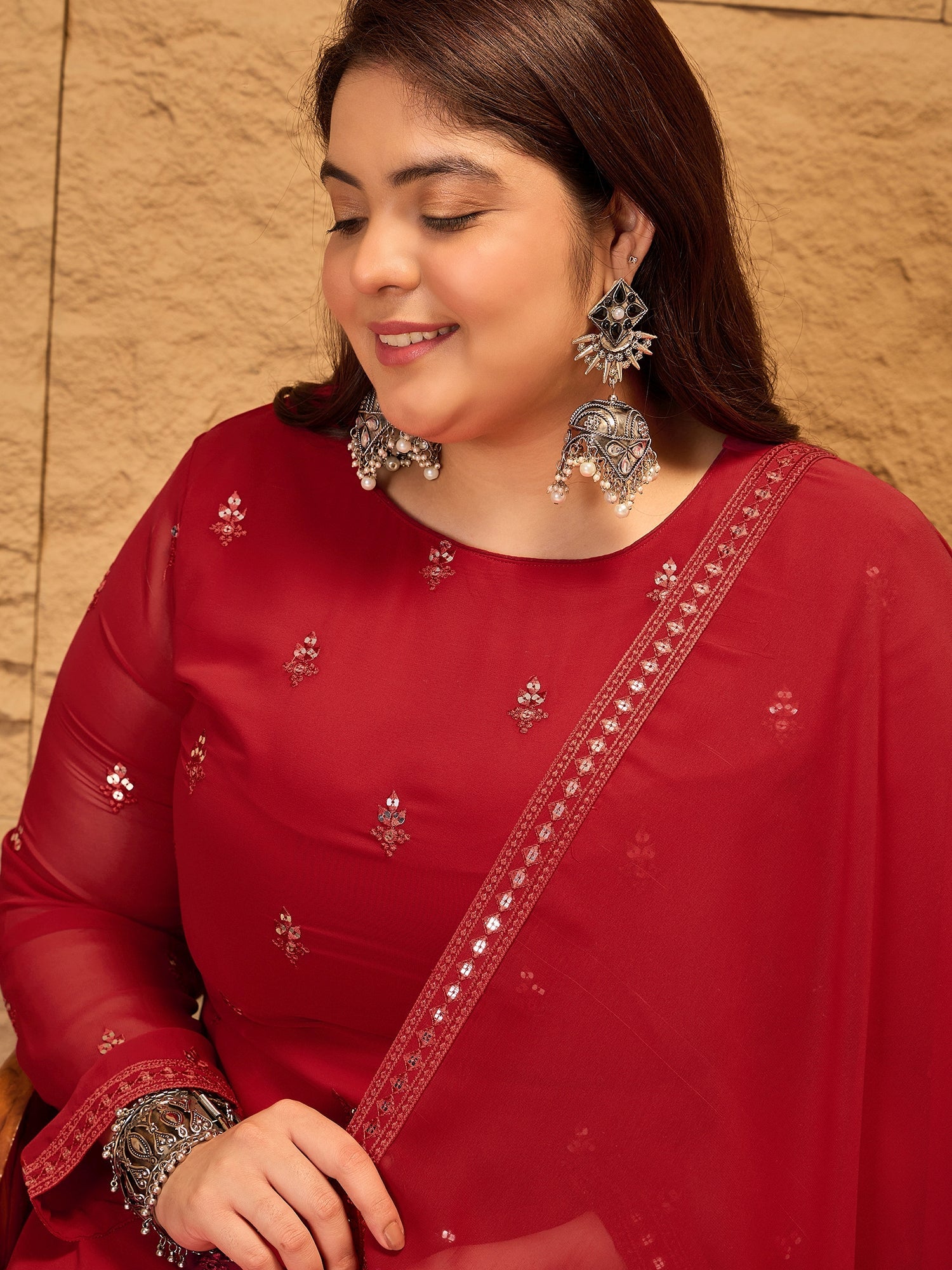 Ethnic Motifs Embroidered Sequinned Georgette Kurta with Trousers & Dupatta - ID