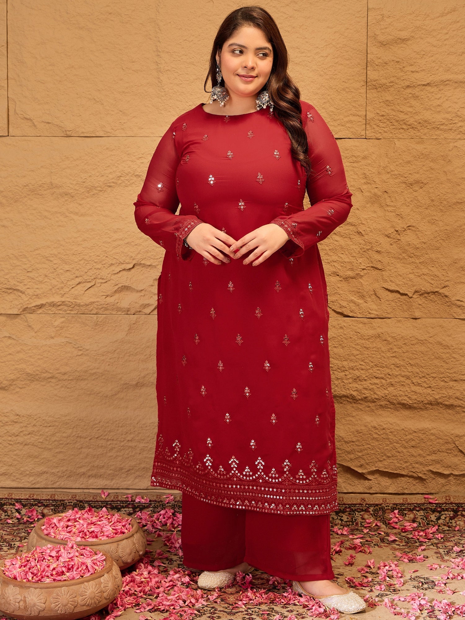 Ethnic Motifs Embroidered Sequinned Georgette Kurta with Trousers & Dupatta - ID