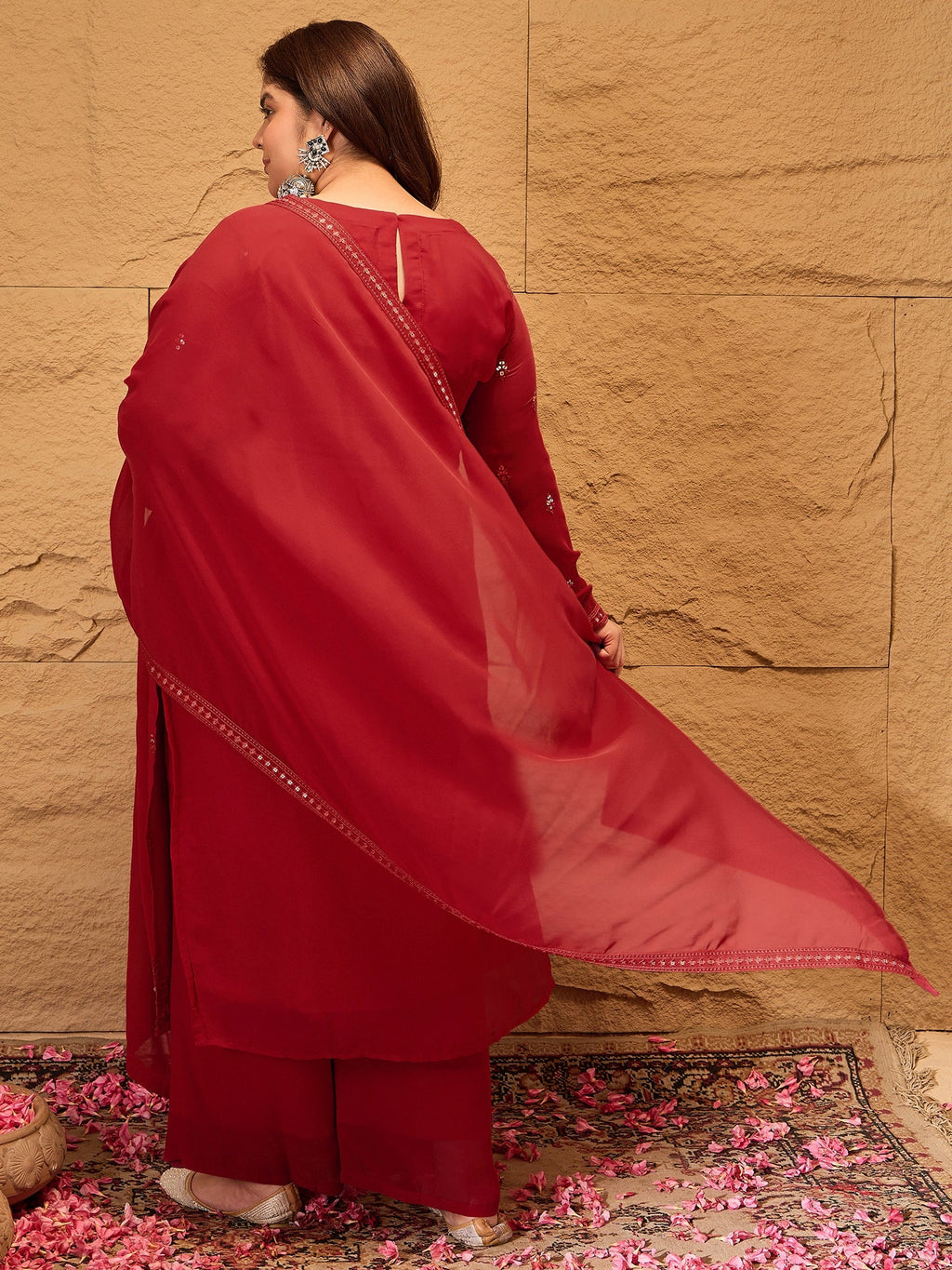 Ethnic Motifs Embroidered Sequinned Georgette Kurta with Trousers & Dupatta - ID